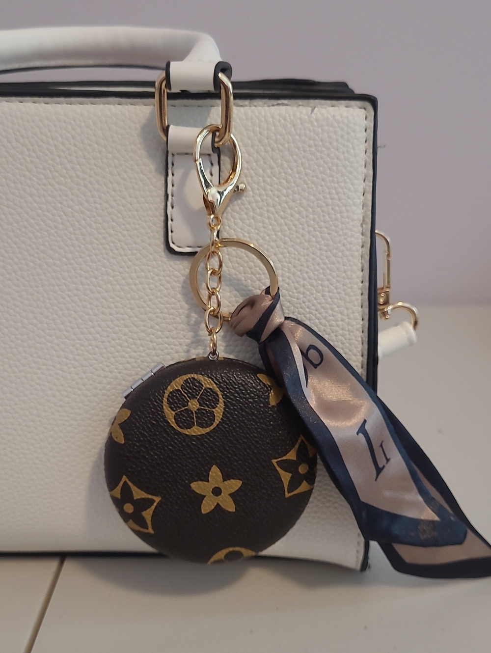 Round Monogram Mirror Keychain Charm with Scarf Accent